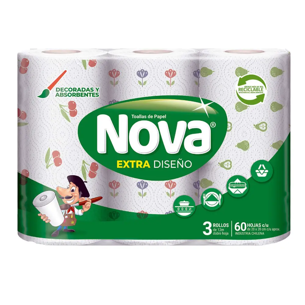 Toallas de Papel Nova Extra Diseño 3 Rollos 60 hs